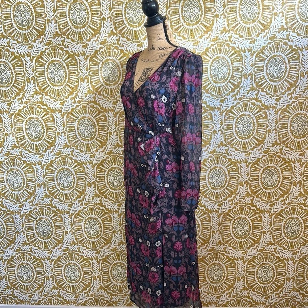PAIGE Ledara Floral Silk Long Sleeve Faux Wrap Midi Dress in Black Multi Sz XS - Picture 10 of 14